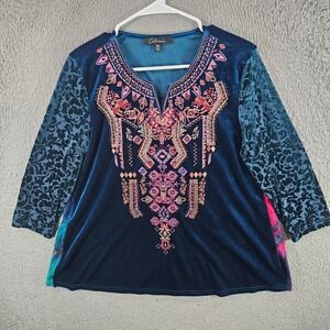 Calessa‎ Women Teal Blue Velvet Embroidered Boho Top Petite Medium Tie Dye Back